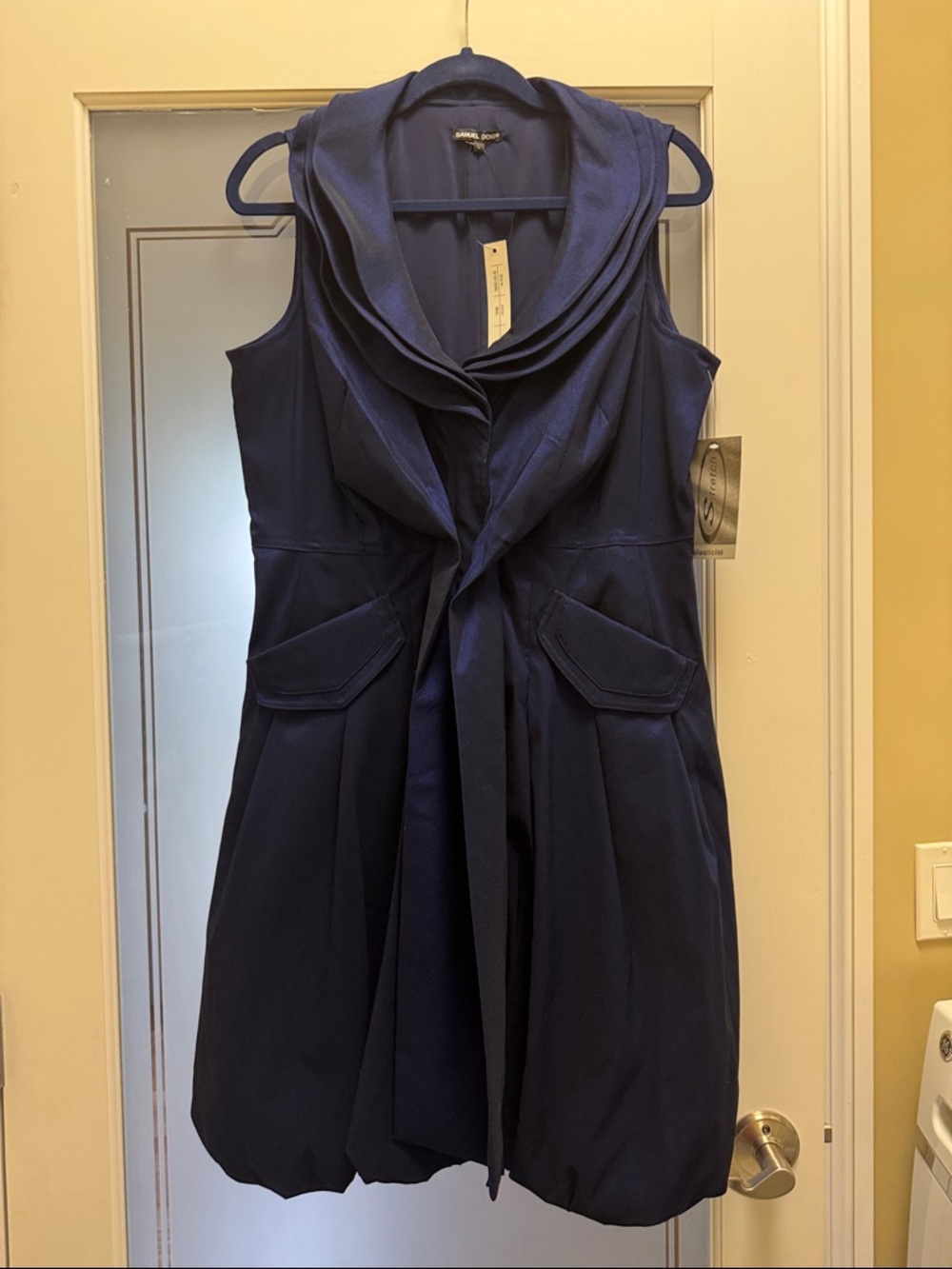 Samuel Dong Navy Blue Sleeveless Draped Collar Tie-Front Dress